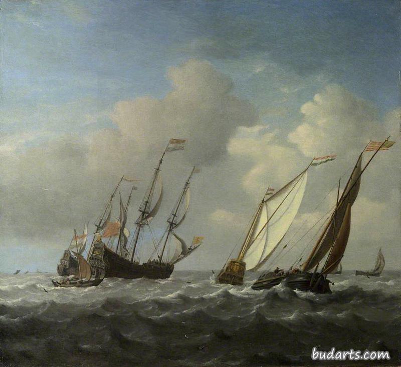 荷兰船、游艇和微风中的小船