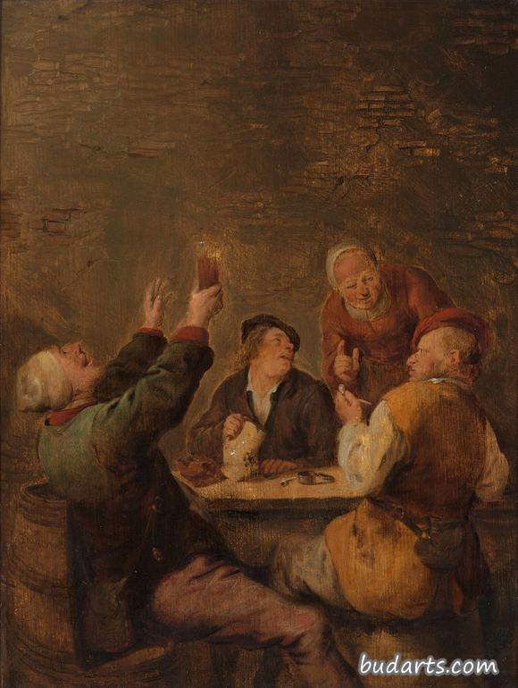 快乐的同伴，三个男人坐在一张桌子上，一个女人站着