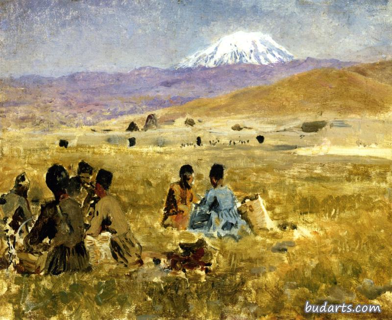 波斯人在草地上吃午饭，远处的阿拉拉特山