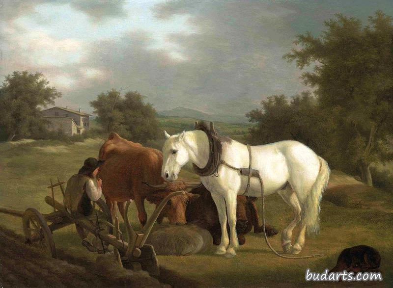 一个农夫和他的灰马、牛和狗一起休息的乡村景色