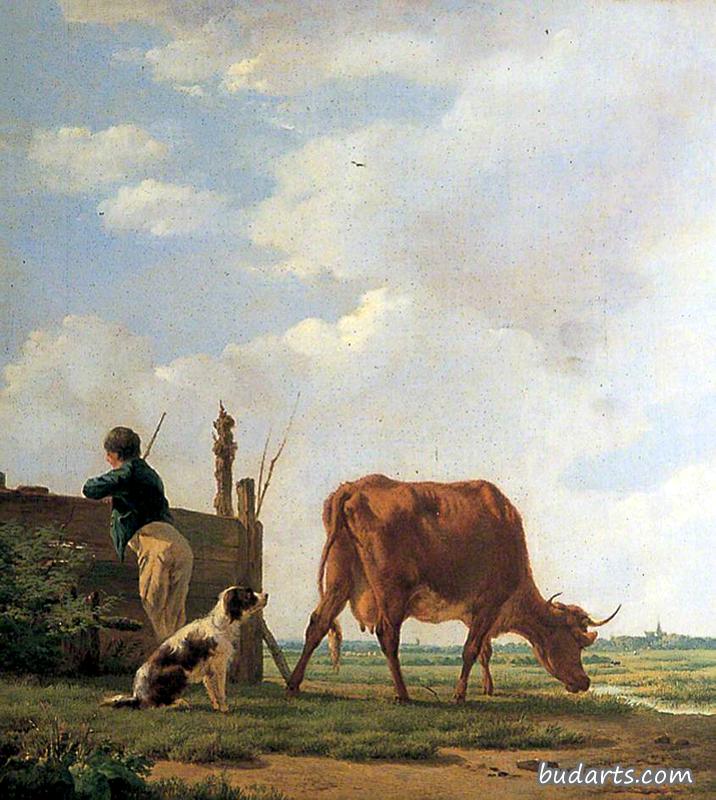 一个带着牛和狗的农家男孩