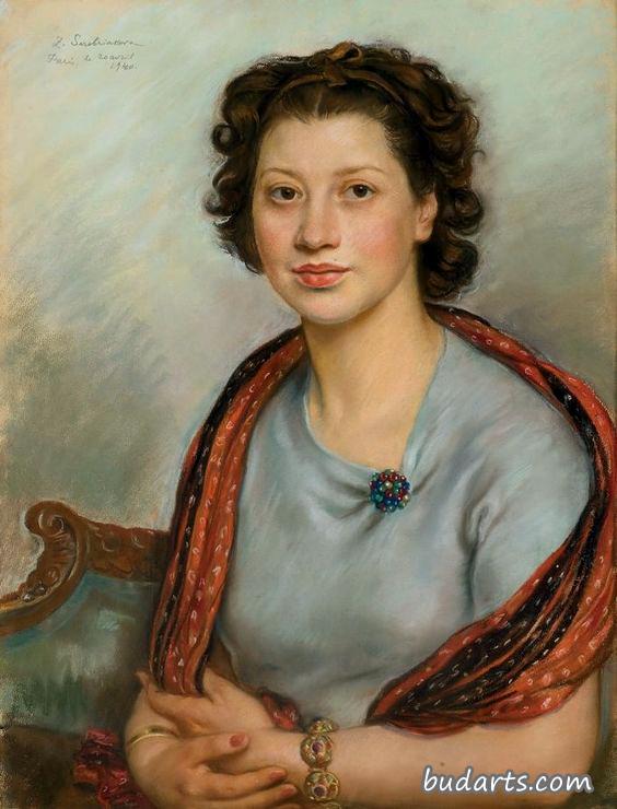 贝尔塔·波波娃披着红色披肩的肖像