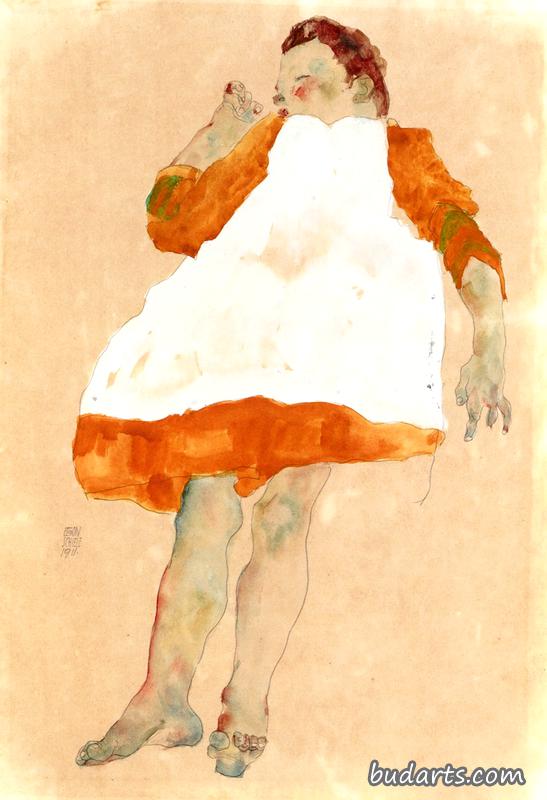 穿着橘色连衣裙，白色围裙的孩子