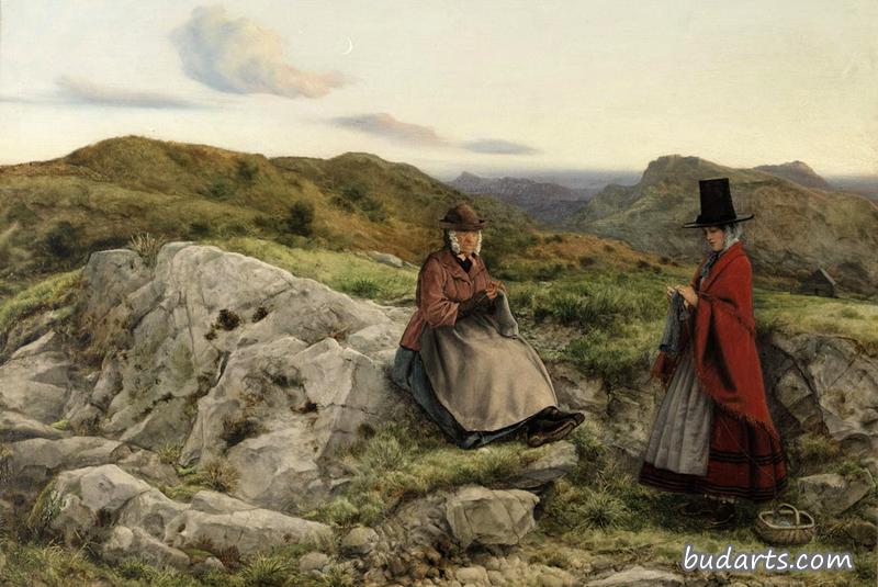 威尔士风景，两位女士编织