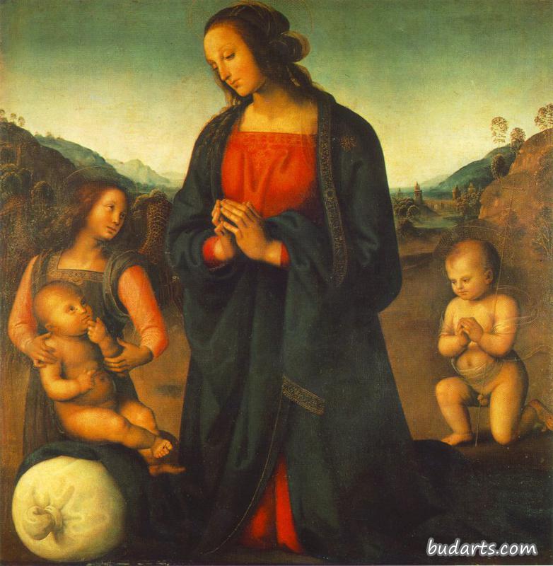 圣母，一个天使和小圣约翰崇拜圣子