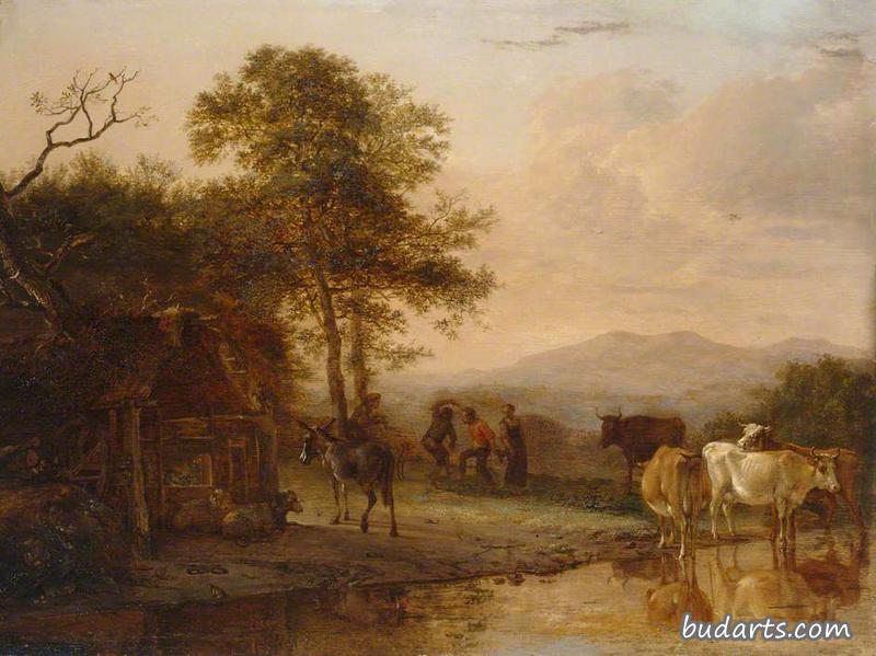 傍晚的景色，牛和农民在烟斗声中翩翩起舞