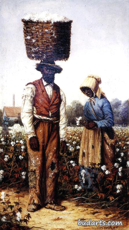 棉田里的黑人夫妇，戴黄色帽子的女人