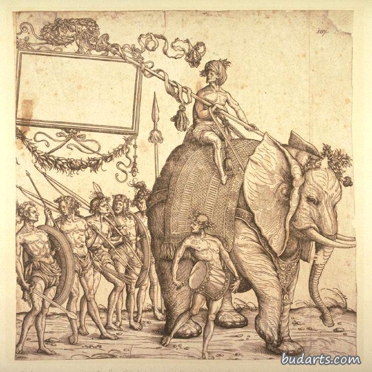 一个卡利克特人骑着大象，后面跟着另外五个卡利克特人