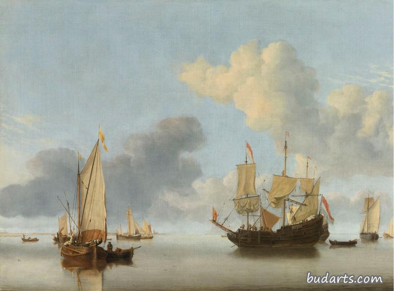 起锚的荷兰船风干的帆和航行中的帆船