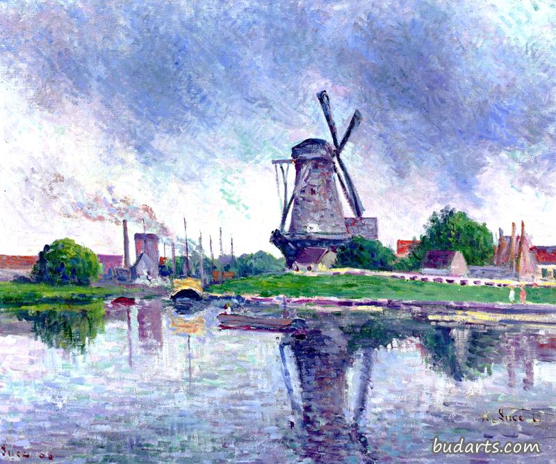 荷兰，运河附近的风车