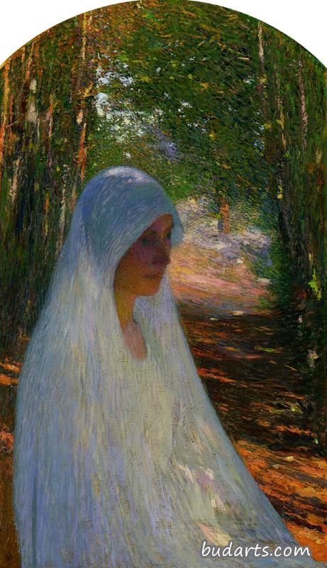 森林里一个戴着白面纱的年轻女子