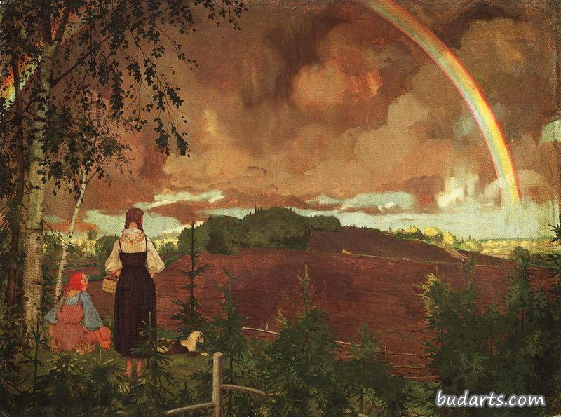 有两个农家女孩和一道彩虹的风景