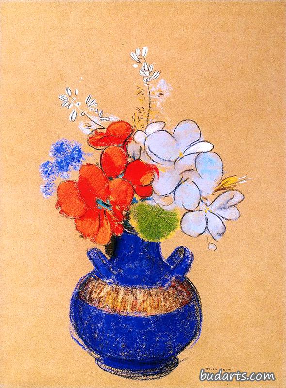蓝色花瓶里的花