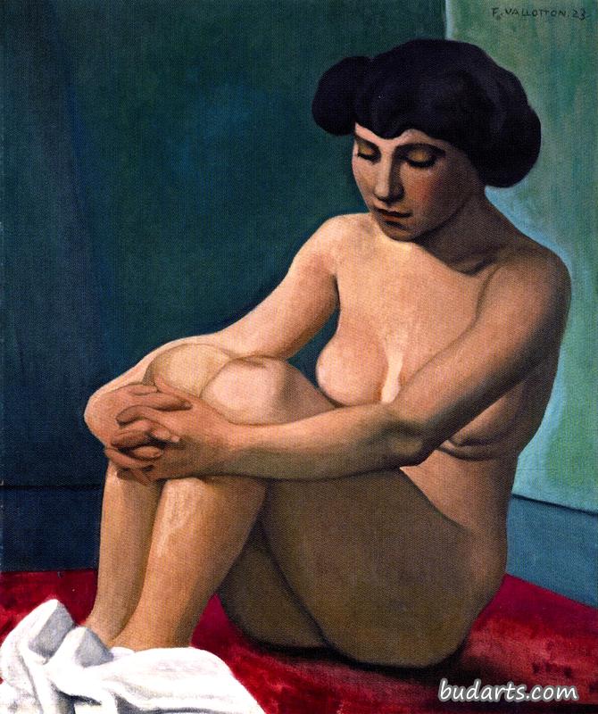 裸体年轻女子，坐在红地毯上