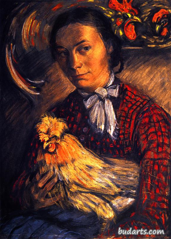 坐着的农夫的妻子膝上抱着一只鸡