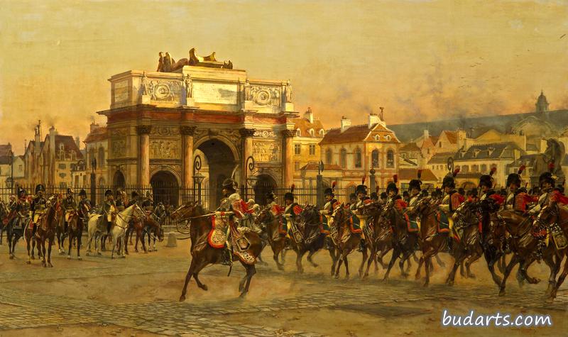 拿破仑和他的幕僚在检阅帝国卫队的骑兵