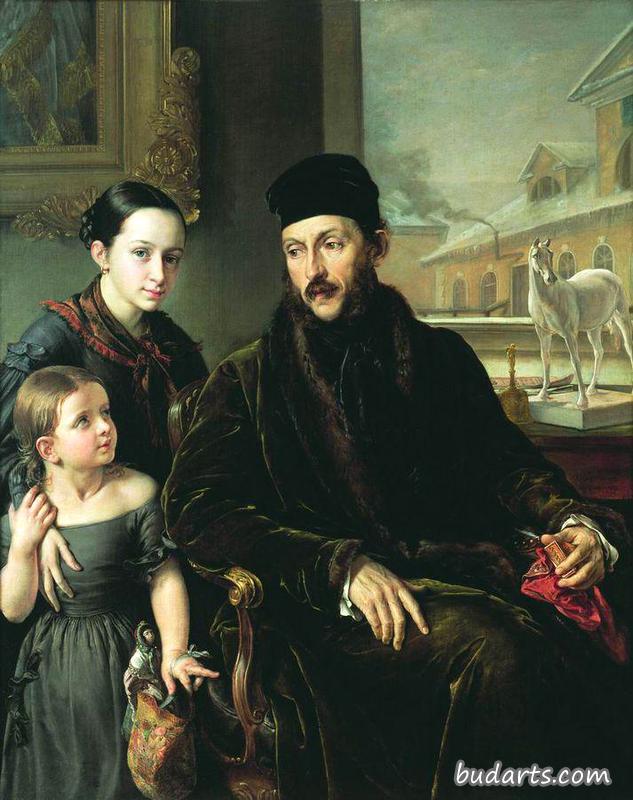 德米特里·伏耶科夫与女儿瓦瓦拉和英国家庭教师的画像