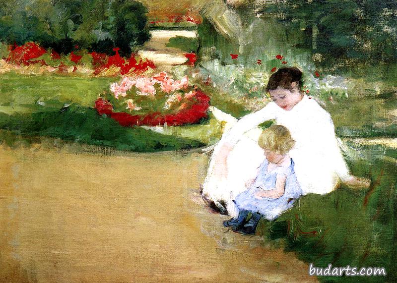 坐在花园里的妇女和儿童