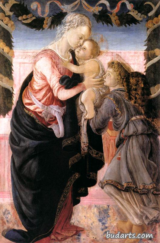 圣母和圣婴由戴着花环的天使抚养