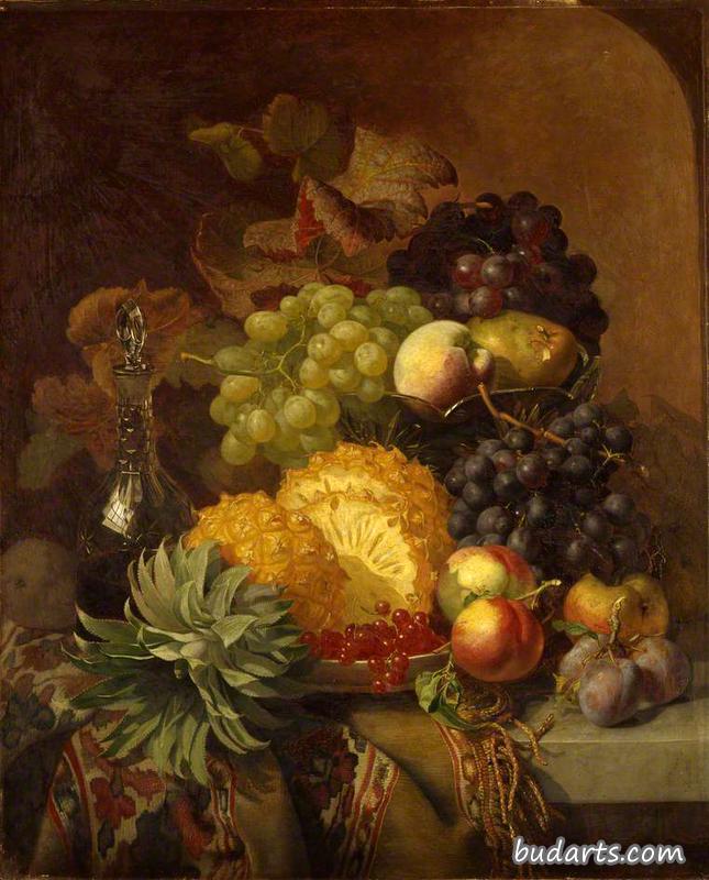 水果：葡萄、桃子、李子和菠萝配一瓶红酒