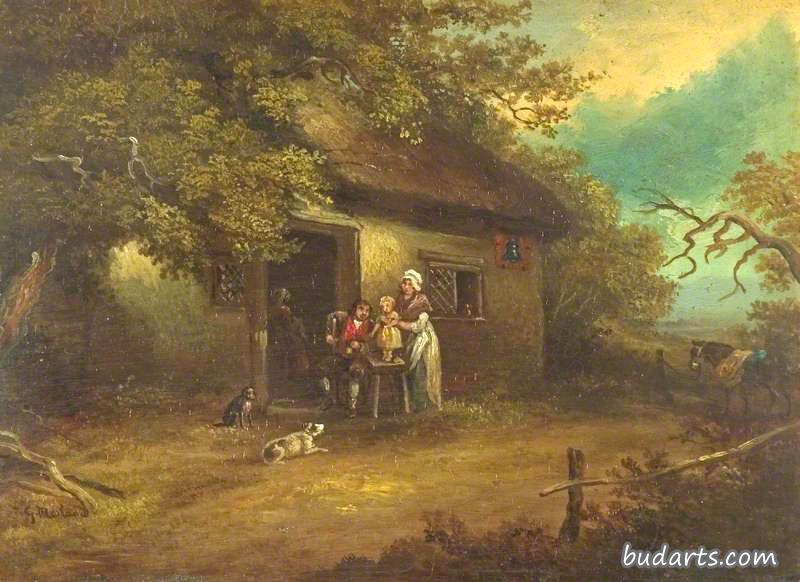 一家人坐在乡间小屋外