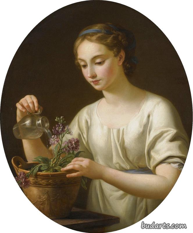 少女浇灌盆栽
