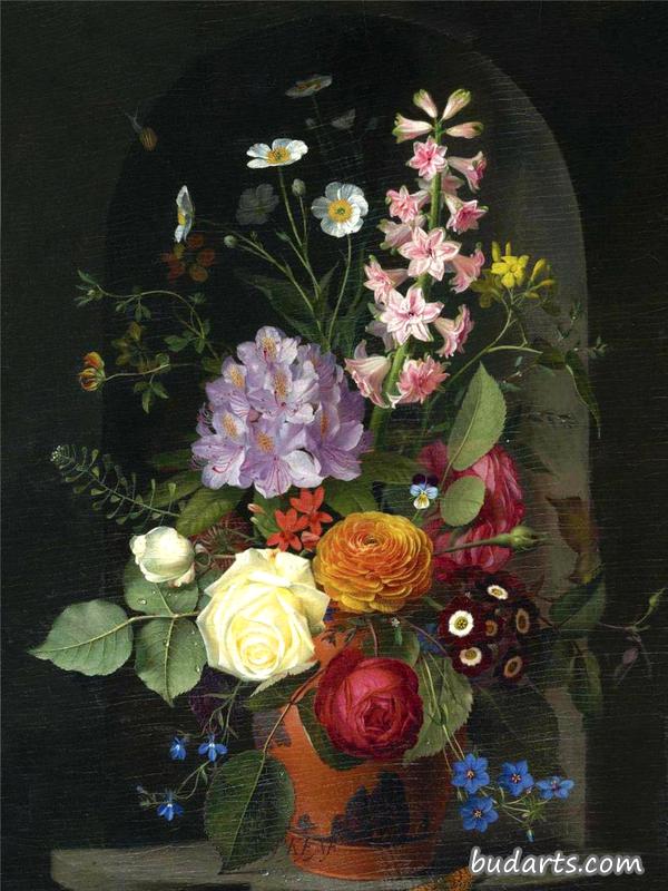 Otto Didrik Ottesen A Bouquet In A Wedgwood Rosso Antico Vase, Set In A Niche Otto Didrik Ottesen A Bouquet In A Wedgwood Rosso Antico Vase, Set In A Niche