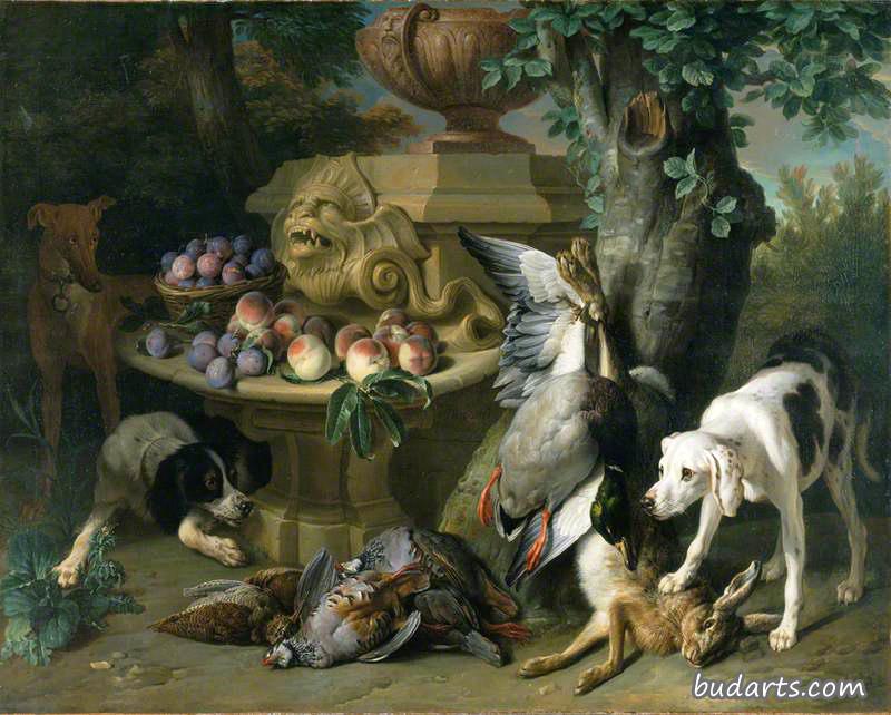 狗，死猎物和水果