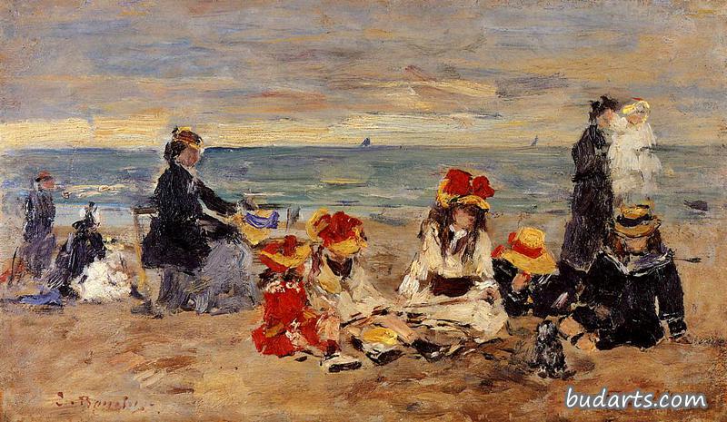 特鲁维尔海滩上的妇女和儿童