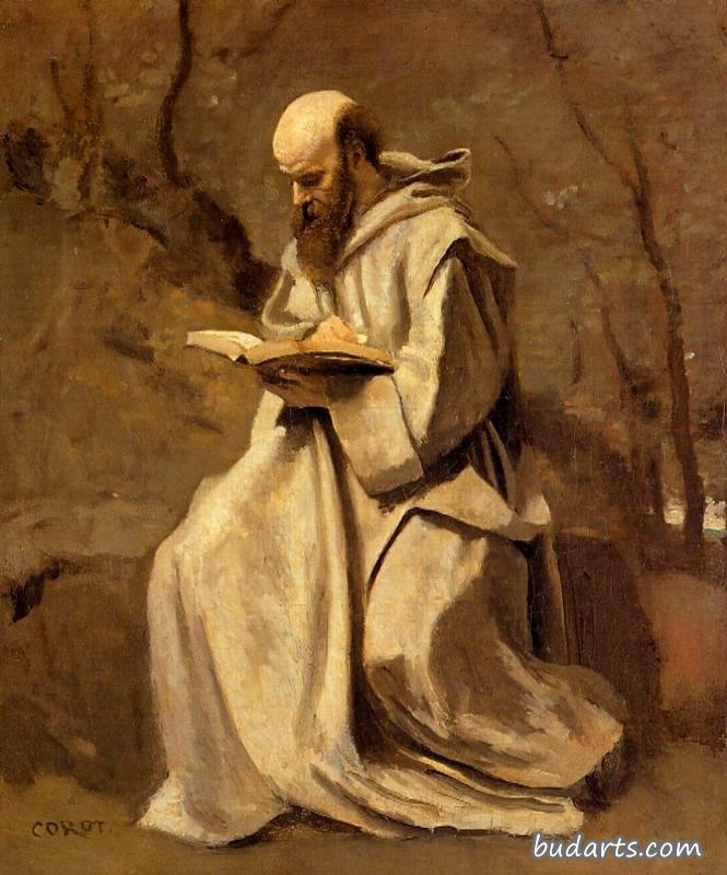 白衣僧侣，坐着，看书