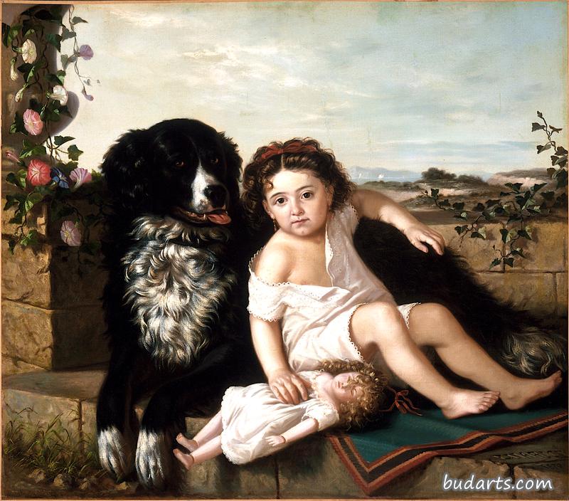 一个女孩和狗的肖像