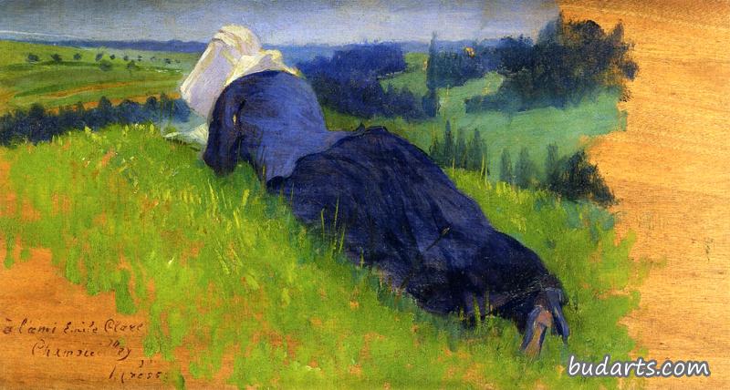 农妇躺在草地上
