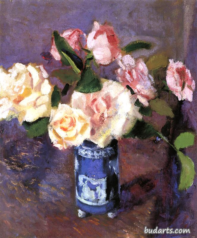 静物画/蓝色花瓶里的粉红玫瑰
