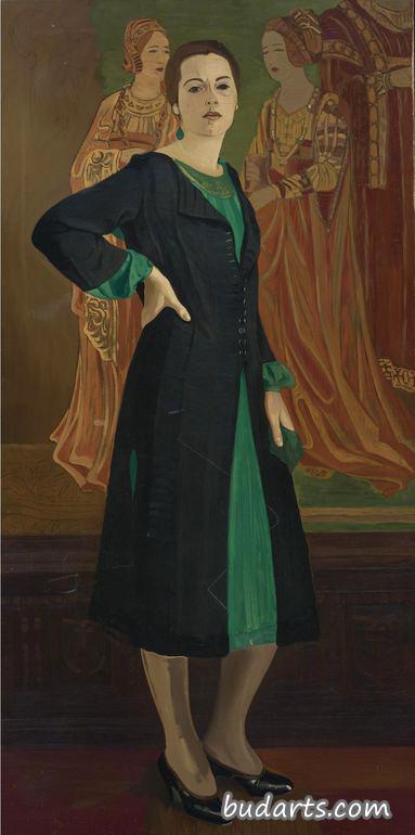 凯瑟琳·坎贝尔身着绿色连衣裙的肖像