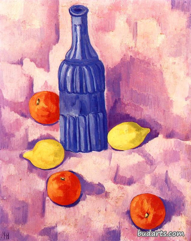 静物画：蓝色的瓶子，橘子和柠檬