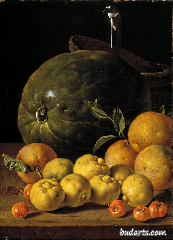 有柠檬、桔子、樱桃和水曲柳的静物画