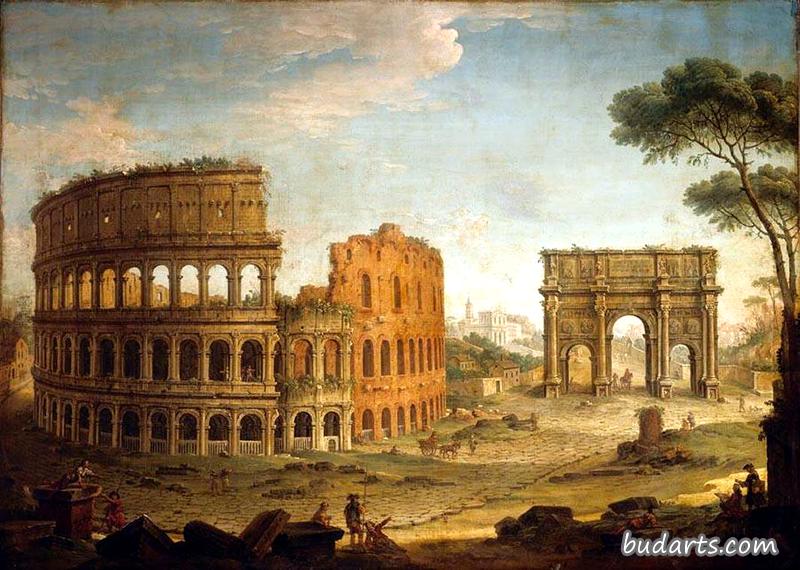 罗马：罗马竞技场和君士坦丁拱门的景观