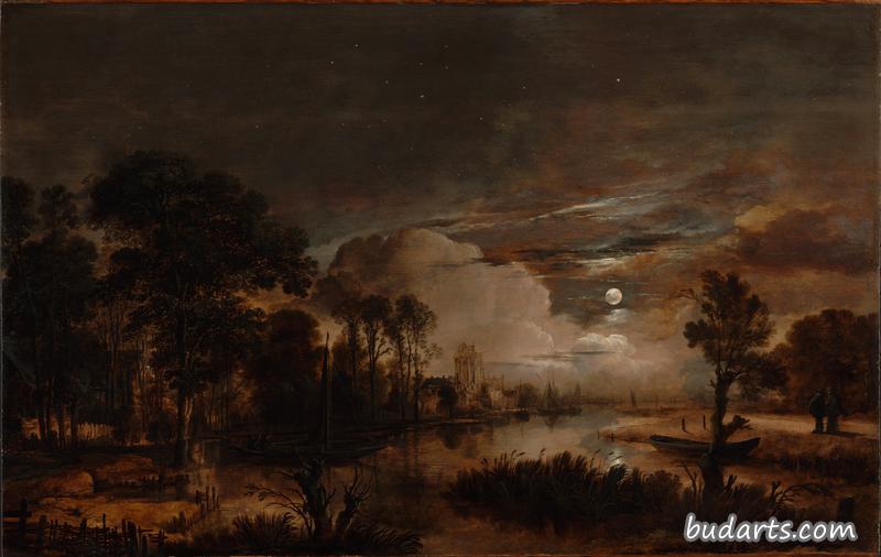 月光下的新阿姆斯特丹河和科斯特弗罗伦城堡景观