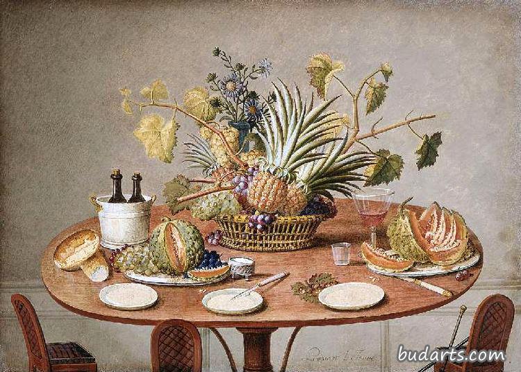 餐桌上的静物：餐具、盘子、面包和水果