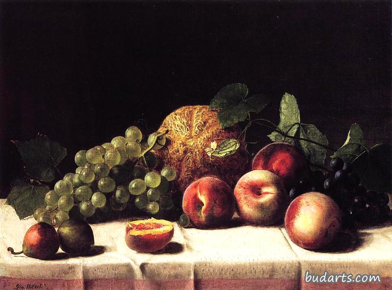 有哈密瓜、桃子和葡萄的静物画
