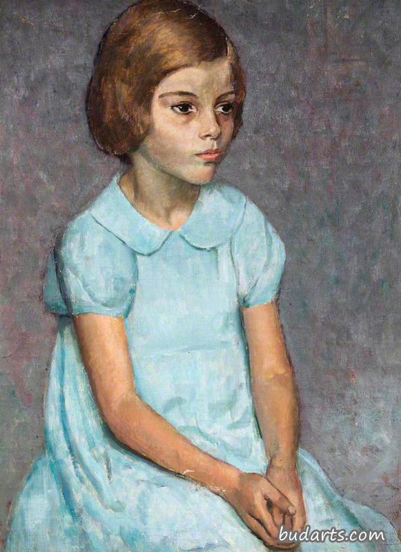 一个穿蓝色连衣裙的年轻女孩的画像