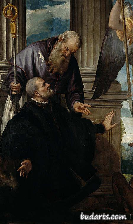 彼得罗贝利祭坛画-圣安东尼修道院院长作为跪下捐赠者的赞助人