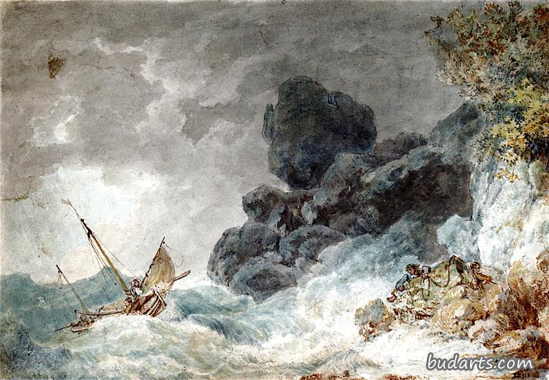 多岩石的海岸，人们试图营救一艘被风暴掀翻的船