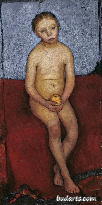 坐着的裸体女孩拿着苹果