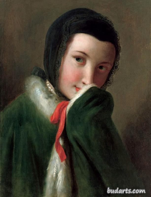 一个戴着黑色蕾丝围巾、绿色外套和白色皮毛的女人的肖像