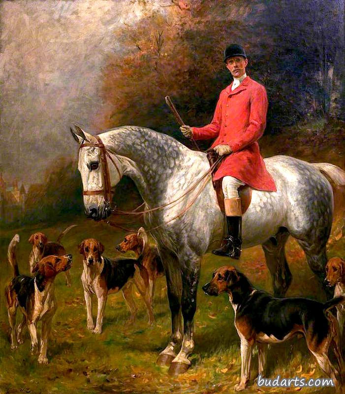 伯恩斯·哈托普上尉和猎犬的马术肖像