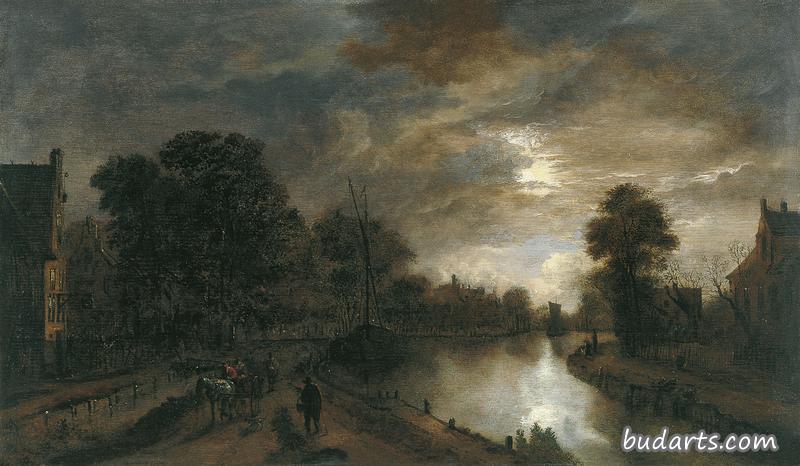 运河旁道路的月光景观