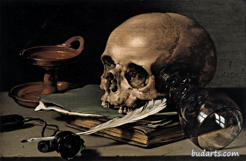 静物画：骷髅和书写笔- Pieter Claesz - 画园网