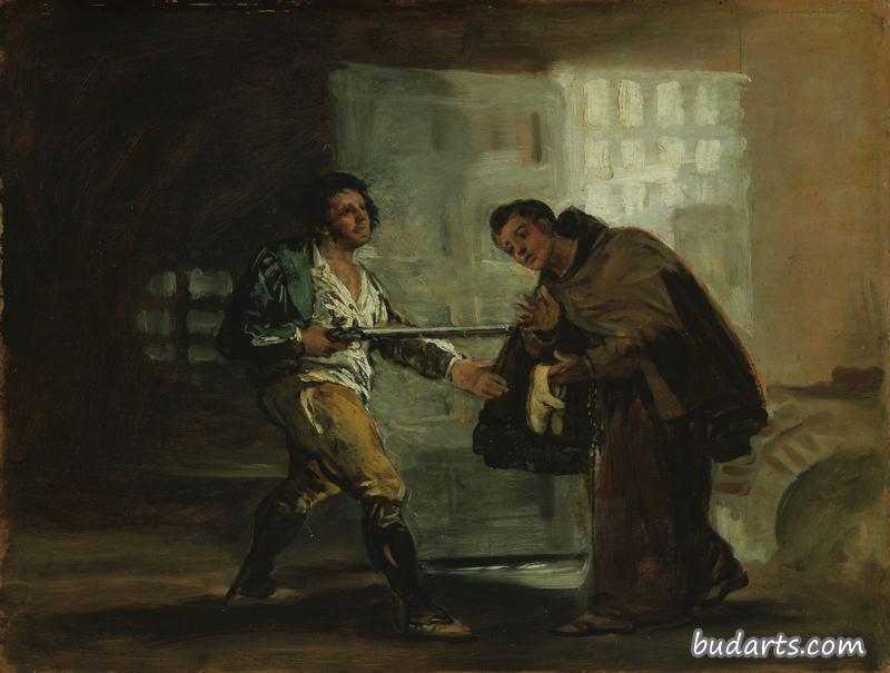 佩德罗修士向马拉加托提供鞋子，准备把他的枪推到一边