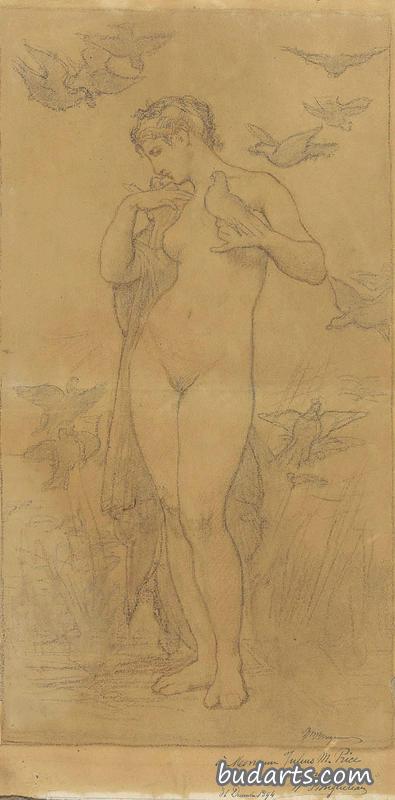 一个站着的裸体女性，被鸽子包围着，为《维纳斯与鸽子》习作